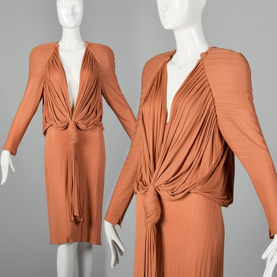 Small Draped Silk Dress Jersey Knit Long Sleeve E… - image 1