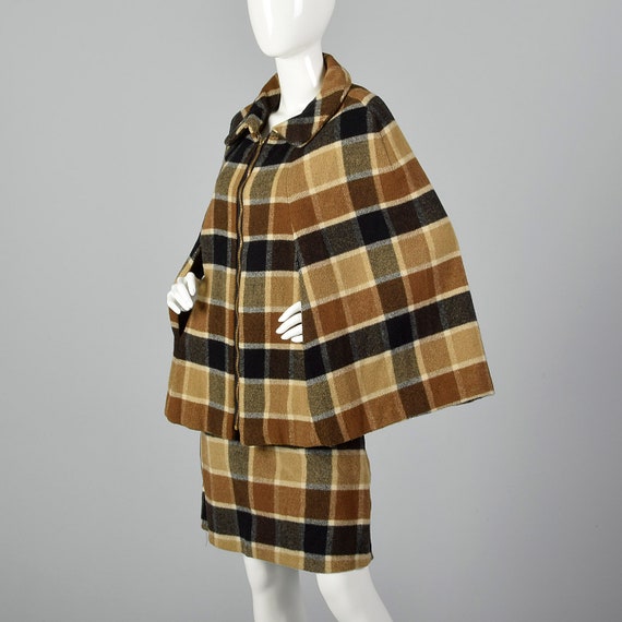 Small 1960s Brown Plaid Skirt Suit Matching Cape … - image 3