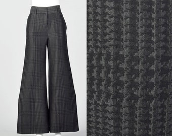 XS 1990s Giorgio Armani Wide Leg Pants Black on Black Houndstooth Low Rise Pants Silk Wool Blend Separates 90s Vintage