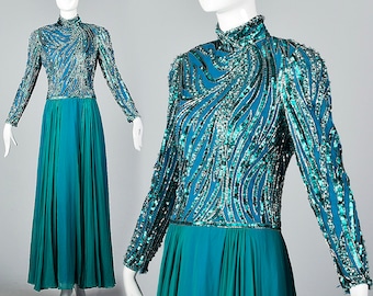 Medium Bob Mackie Chiffon Formal Dress Flowy Silk Dress Beaded Sequin Formal Gown  Teal Evening Gown