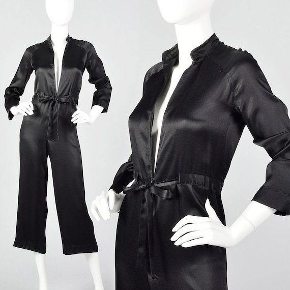 XXS Satin Jumpsuit Long Sleeve Zip Front Drawstrin