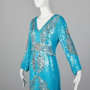 Medium 1970s Blue Silk Sequin Dress Vintage India Silk Dress 70s Beaded Cocktail Dress Vtg Blue Party Dress image 7