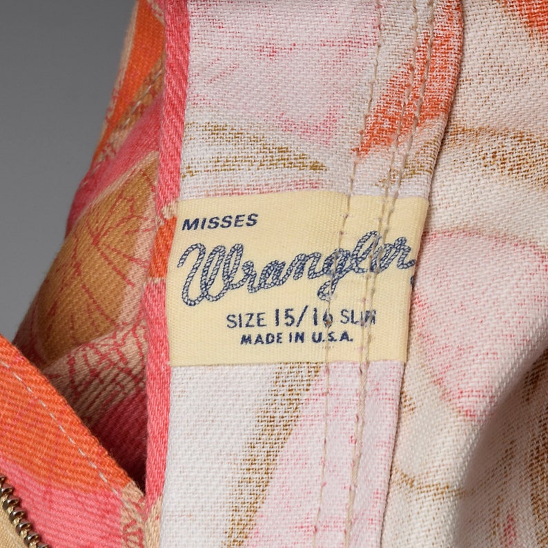 Small Wrangler Pink and Orange Abstract Print Jeans Bell Bottoms Front Zip Vintage 1970s Boho Hippie Bohemian Bellbottoms