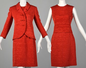 XS 1960s Harrods Bright Red Three Piece Skirt Suit Formal Business Set