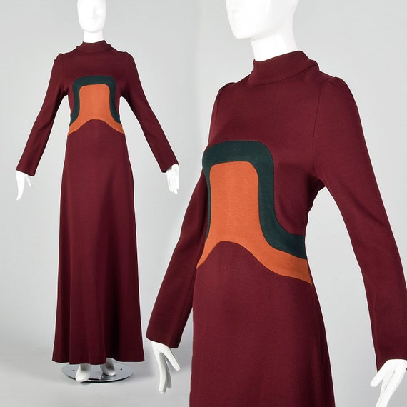XS 1970s Maxi Dress Vintage Color Block Maxi Spac