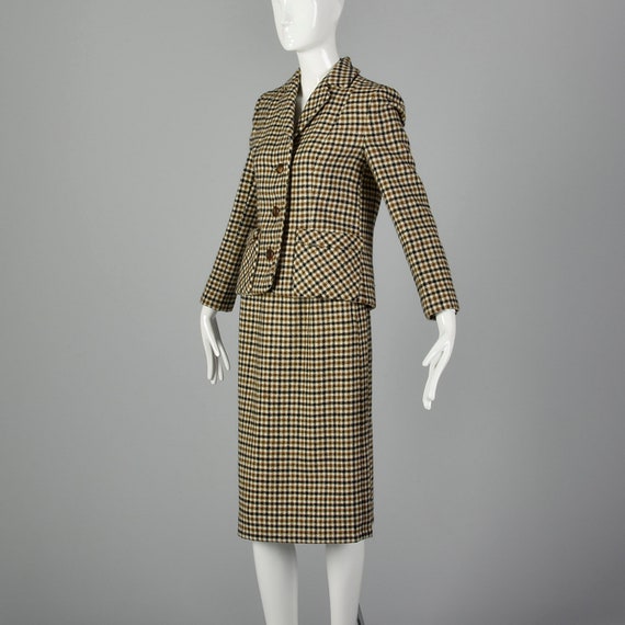 XXS 1960s Brown Plaid Skirt Suit Button Front Jac… - image 4