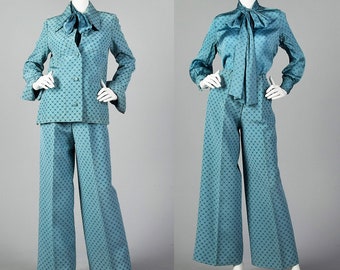 Medium Christian Dior Three Piece Set 1973 Silk Jacket Blue Shirt Wide Leg Pants Marc Bohan Haute Couture Geometric Print 70s Vintage Outfit