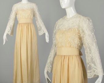Small 1970s William Pearson Dress Lace Bohemian Long Bell Sleeve Bridal Wedding