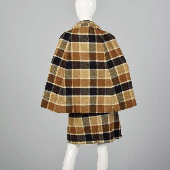Small 1960s Brown Plaid Skirt Suit Matching Cape … - image 2