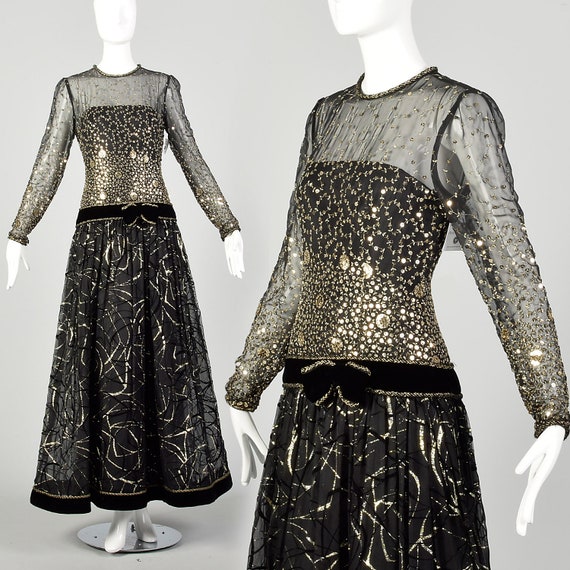 Small 1980s Dress Black Gold Sequin Embroidered L… - image 1