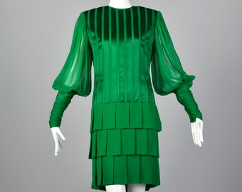 Small Galanos 1980s Emerald Green Silk Dress Vintage Designer Dress Kelly Green Dress Silk Dress Drop Waist