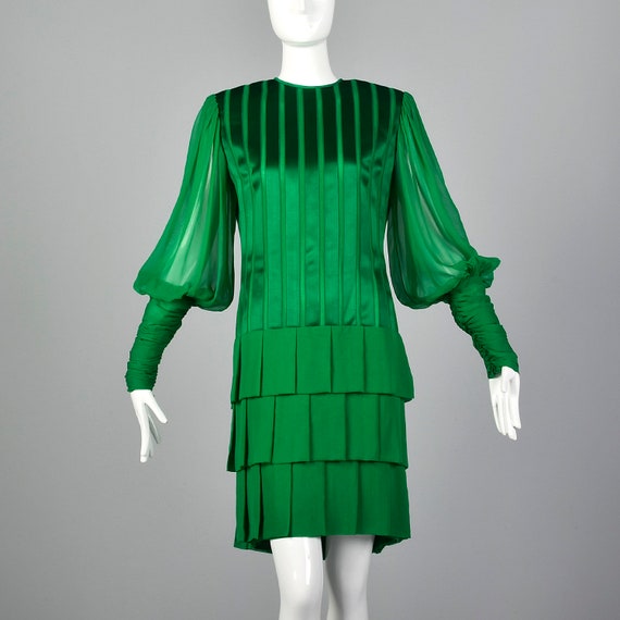 Small Galanos 1980s Emerald Green Silk Dress Vint… - image 1