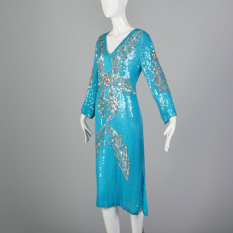 Medium 1970s Blue Silk Sequin Dress Vintage India Silk Dress 70s Beaded Cocktail Dress Vtg Blue Party Dress image 4