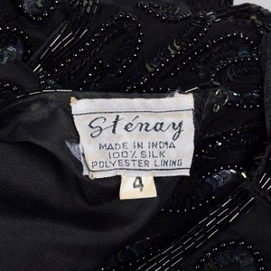 XXS Black Silk Sequin Cocktail Dress Beading Short Sleeve Vintage 1990s