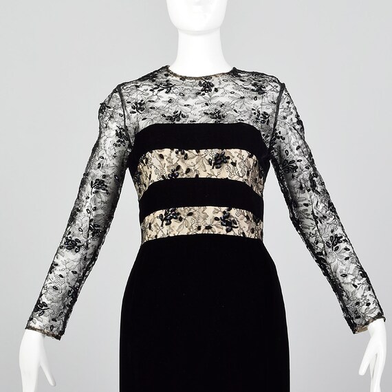 Small 1980s Victor Costa Black Velvet Dress Lace … - image 4