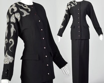 Small Miguel Cruz 1980s Two Piece Skirt Suit Women's Wool Suit Set Beaded Blazer and Skirt Set Designer Suit