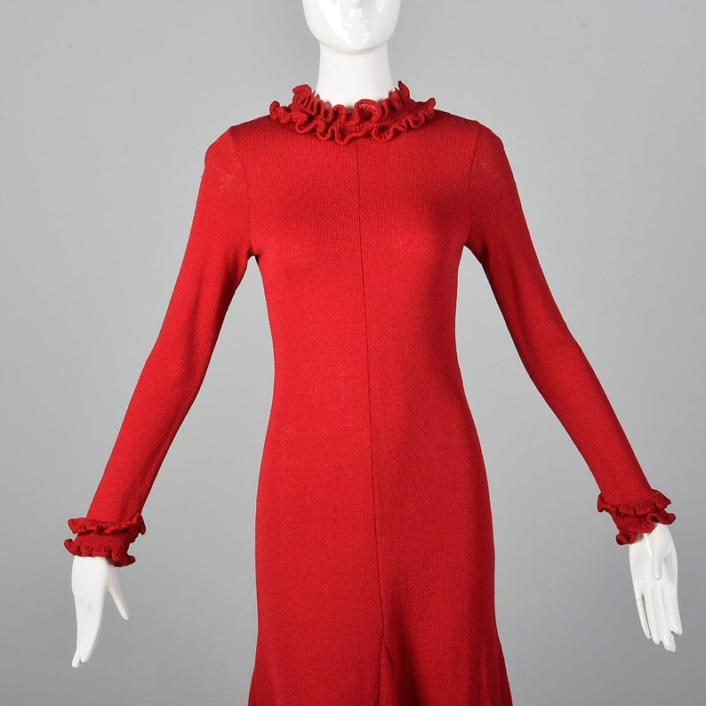 XXS Red Knit Sweater Dress Long Sleeve Back Zip Ruffle Rib Etsy