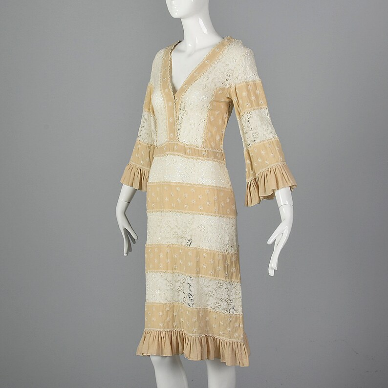 Medium 1970s Bohemian Dress Sheer Lace Panels Alternative Wedding Dress Bell Sleeves Boho Loose Flowy 70s Vintage