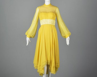 XS Travilla Yellow Chiffon Dress Romantic Formal Dress Summer Evening Dress Vintage 1970s 70s Asymmetric Skirt