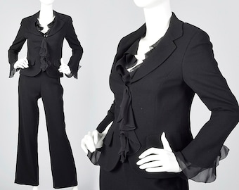 XS Escada Couture Suit Black Wool Crepe Silk Chiffon Jacket Pant Set Long Sleeve