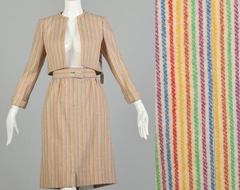 Large 1970s Pauline Trigere Skirt Suit Rainbow Stripe Bolero Jacket Skirt Set