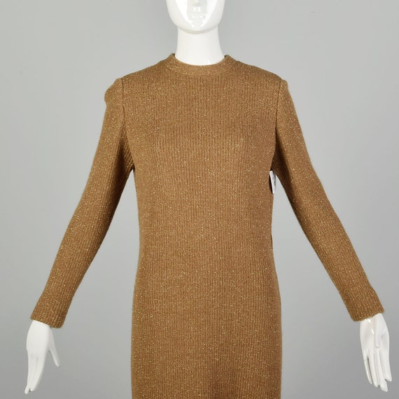 Medium Sweater Dress 1970s Metallic Gold Cozy Rib… - image 5