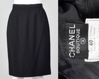 Medium 1990s Chanel Boutique Black Wool Pencil Skirt Classic Straight Skirt Wool Separates Wear to Work Day Wear 90s Vintage