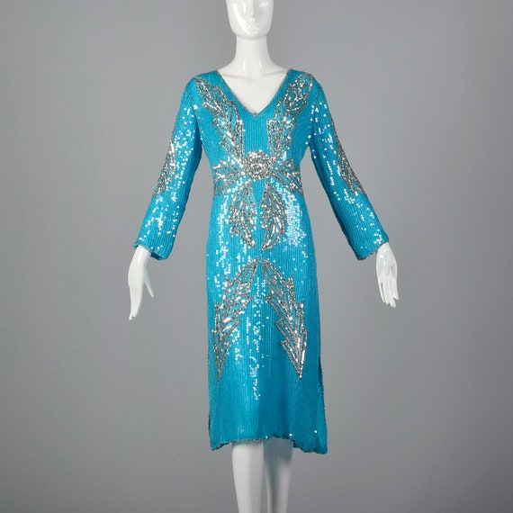 Medium 1970s Blue Silk Sequin Dress Vintage India… - image 3