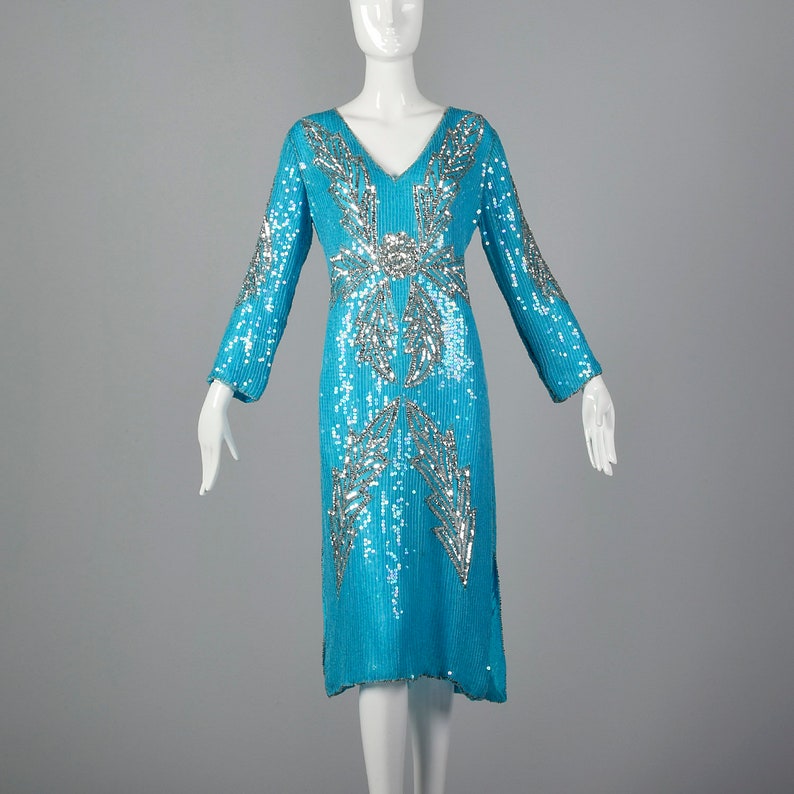 Medium 1970s Blue Silk Sequin Dress Vintage India Silk Dress 70s Beaded Cocktail Dress Vtg Blue Party Dress image 3