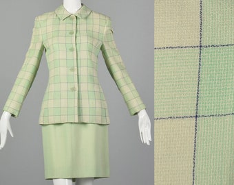 Small Oscar de la Renta 1980s Skirt Suit Windowpane Plaid Blazer Green Vintage Skirt Suit 80s Wool Crepe Suit