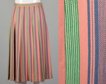 Small Valentino 1960s Skirt Pink Pleated Green Candy Stripe Wool Metal Zip Skirt