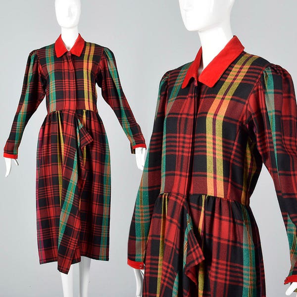 Kenzo Tartan Plaid Wool Dress Avant Garde Grunge Dress Colorful Long Sleeve Midi Dress Vintage 1990s 90s Velvet Collar