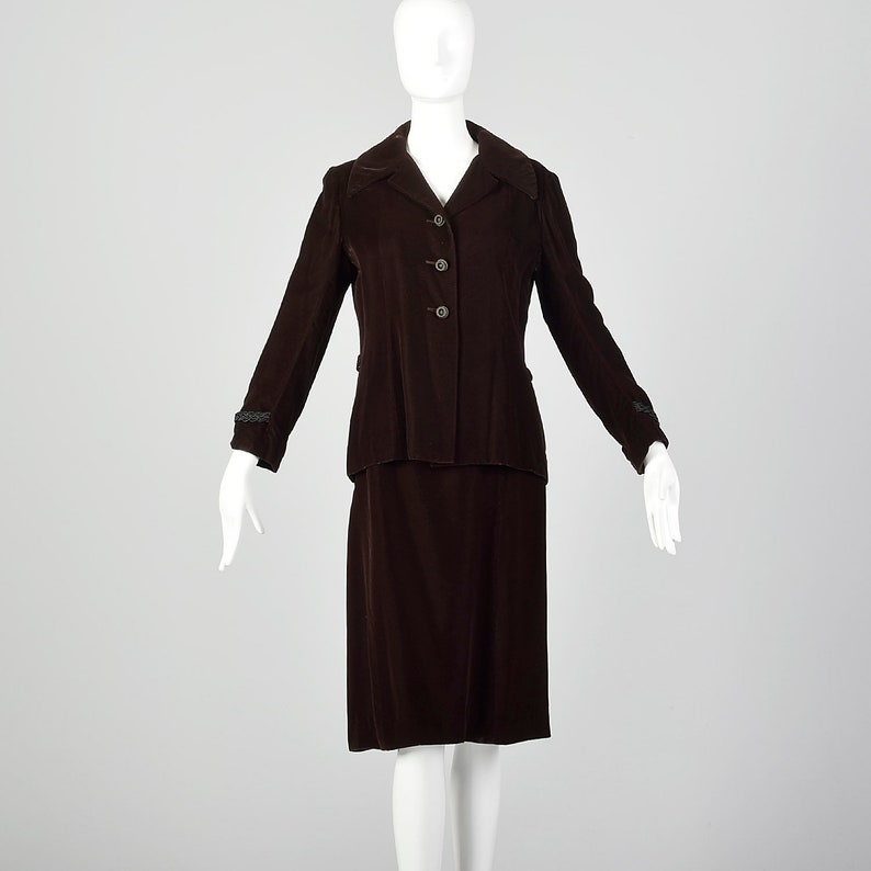 Medium Pierre Balmain Skirt Suit 1970s Brown Velvet Matching Blazer Jacket Two Piece Set image 1