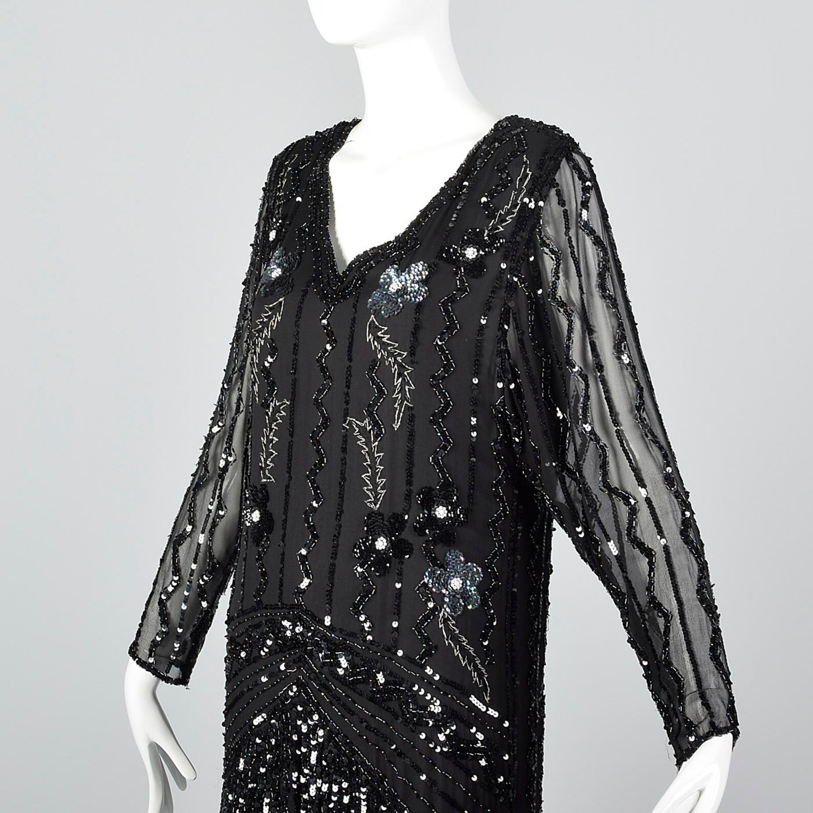 Small Oleg Cassini Dress Black Silk Beaded Dress Long Sheer Sleeves ...