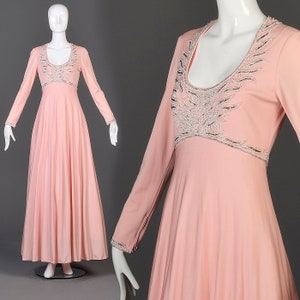 Medium Victoria Royal Beaded Formal Gown Flowy Maxi Dress Long Sleeve Pink Evening Dress Vintage 1960s 60s Low Cut Scoop Neck image 1