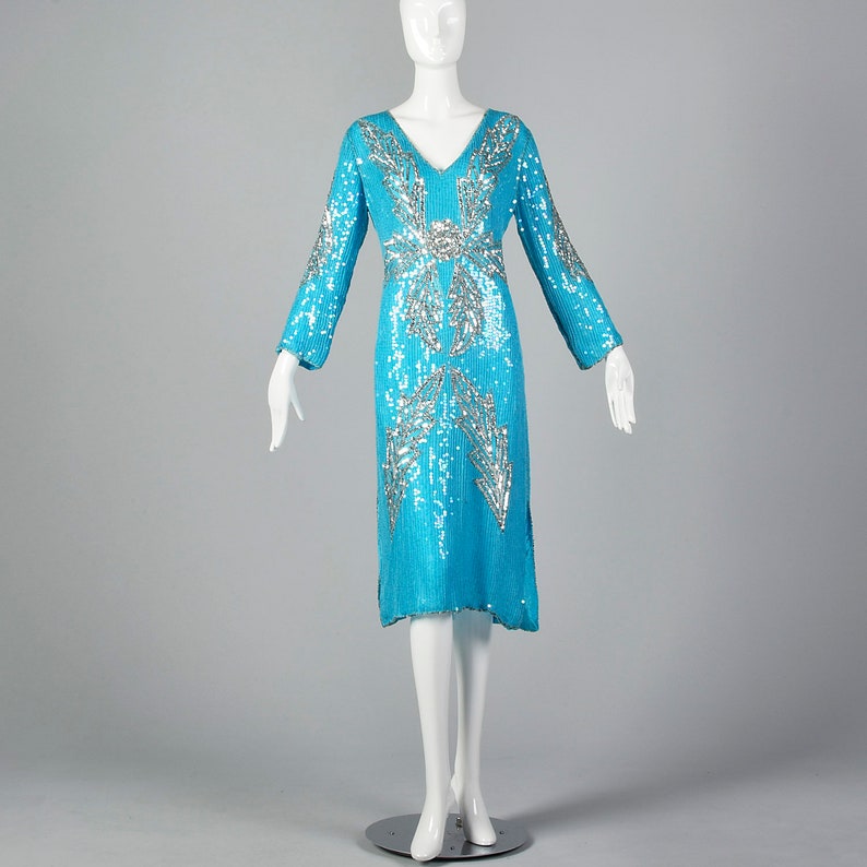 Medium 1970s Blue Silk Sequin Dress Vintage India Silk Dress 70s Beaded Cocktail Dress Vtg Blue Party Dress image 2