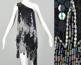 Medium 1990s Flapper Inspired Dress One Shoulder Beading Sequins Evening Mini