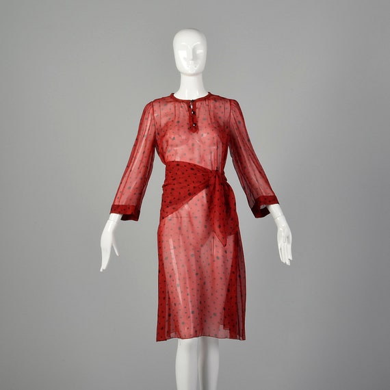 Medium 1980s Sheer Red Tunic Dress Abstract Print… - image 6