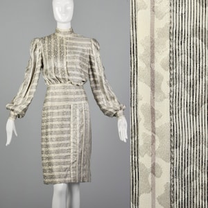 Small Galanos 1970s Striped Silk Dress Vintage Geometric Silk Dress 70s Textural Day Dress Vintage Galanos image 1