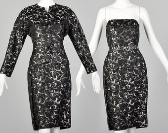 Medium Guy Laroche Skirt Set 1980s Black Silver Brocade Strapless Top Pencil Skirt Three Piece Outfit