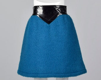 Iconic Pierre Cardin 1960s Space Age Mod Blue Mohair Mini Skirt with Wide Black Vinyl Waistband Vintage 1960s 60s