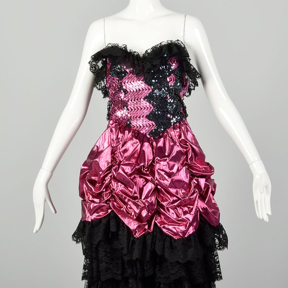 1980s Prom Dress Saloon Girl Pink Lame Gown Black… - image 5