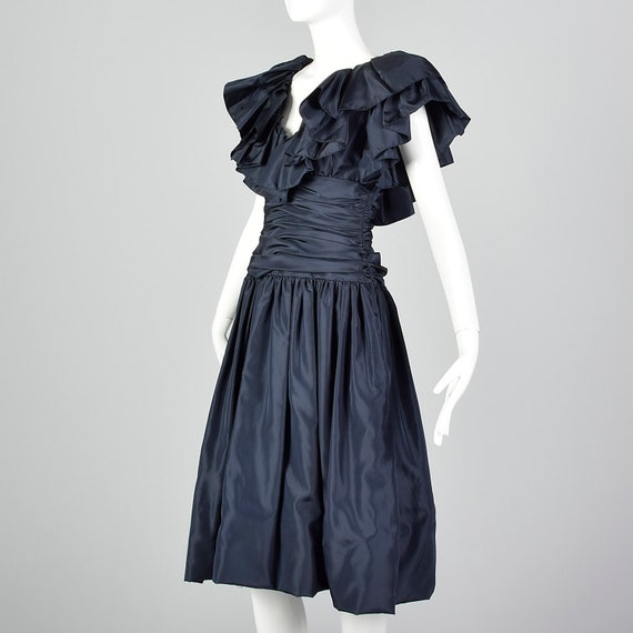 XS Morton Myles Ruched Party Dress Ruffles Navy P… - image 2