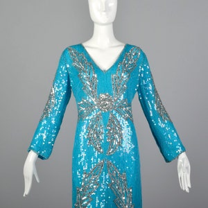 Medium 1970s Blue Silk Sequin Dress Vintage India Silk Dress 70s Beaded Cocktail Dress Vtg Blue Party Dress image 6