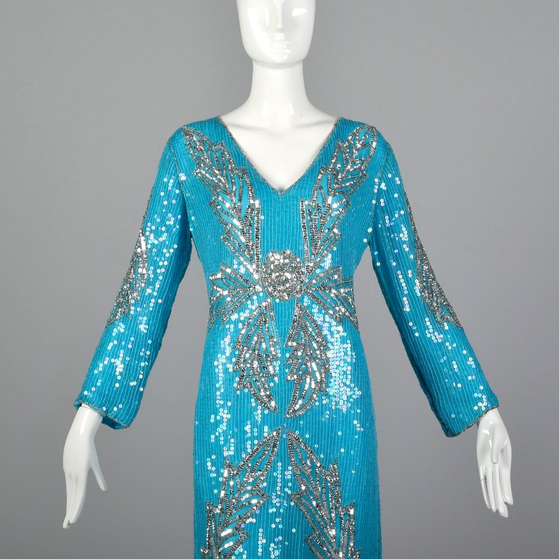 Medium 1970s Blue Silk Sequin Dress Vintage India Silk Dress 70s Beaded Cocktail Dress Vtg Blue Party Dress image 6