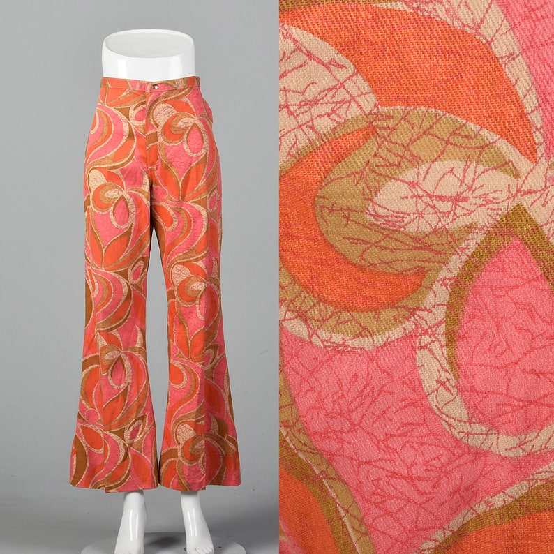 Small Wrangler Pink and Orange Abstract Print Jeans Bell Bottoms Front Zip Vintage 1970s Boho Hippie Bohemian Bellbottoms