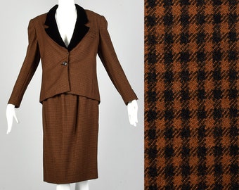 Small 1980s Oscar de la Renta Skirt Suit Brown Black Check Wool Velvet Lapels