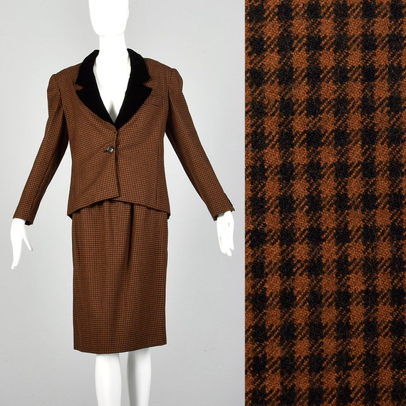Small 1980s Oscar de la Renta Skirt Suit Brown Bl… - image 1
