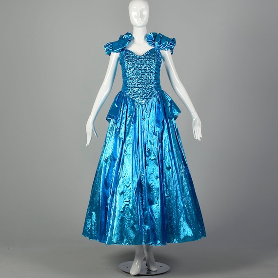 1980s Electric Blue Lame Prom Dress Evening Gown F