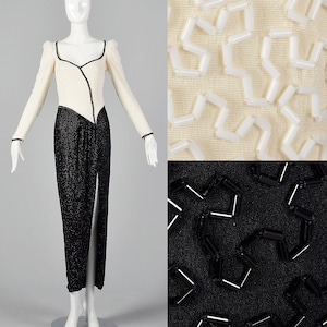 XS Lillie Rubin 1970s Black and White Beaded Gown Wiggle Dress Scoop Neck Cocktail Dress Vintage Party Dress image 1